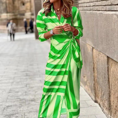 EP | 2024 AliExpress européenne et américaine transfrontalière nouvelle mode imprimée col de chemise laçage Midi robe rayée