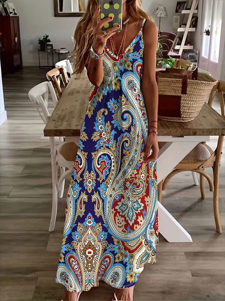 EP | 2024 New Vintage Ethnic Print Ladies Elégante robe d'été Ladies Casual Robe sans manches Street Fashion Ladies Long Dress