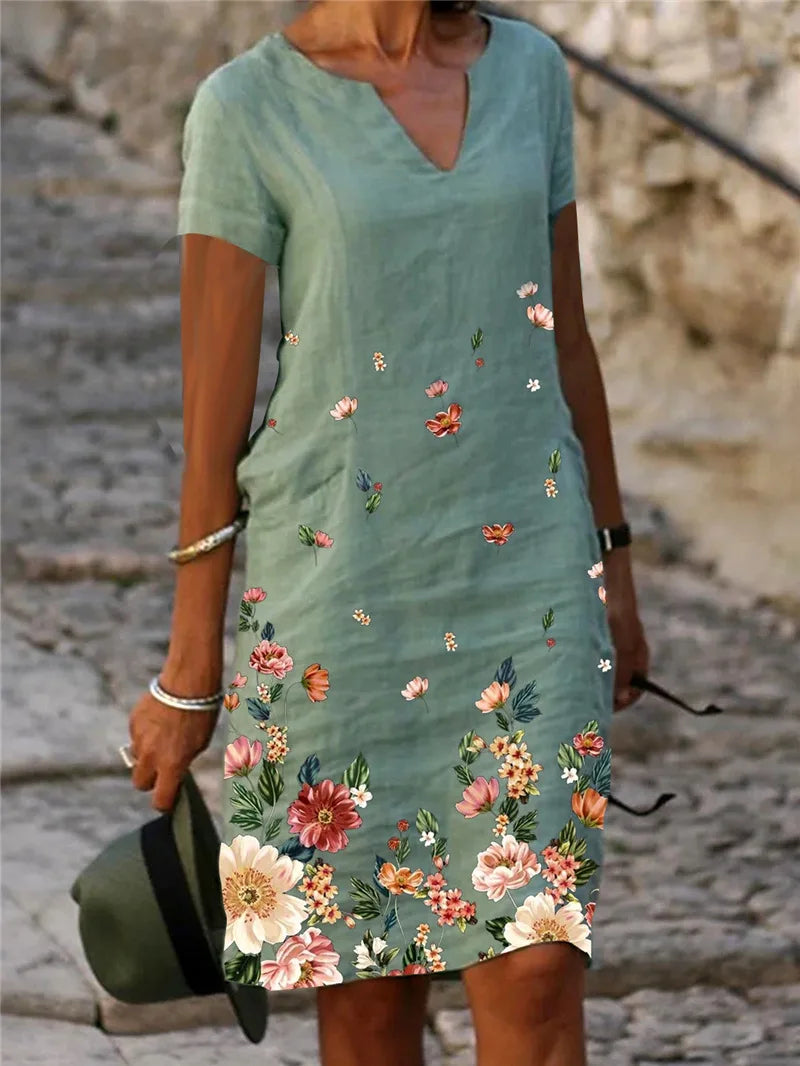 EP | 2024 Eté Elégante Femme Robe Oversize Imprimée Col en V Femme Printemps Tendance Plage Mode Décontractée Vêtements Libres Femme