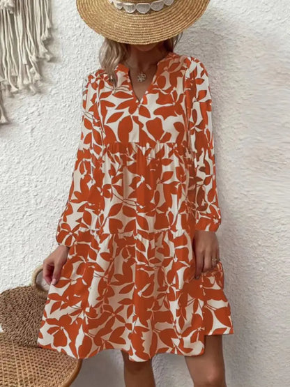 EP | 2024 Femme Eté Elégant Col V Ligne Plissée Robe de Soleil Boho Imprimé Mini-robe Décontractée Grande Taille Plage Robe de Soleil