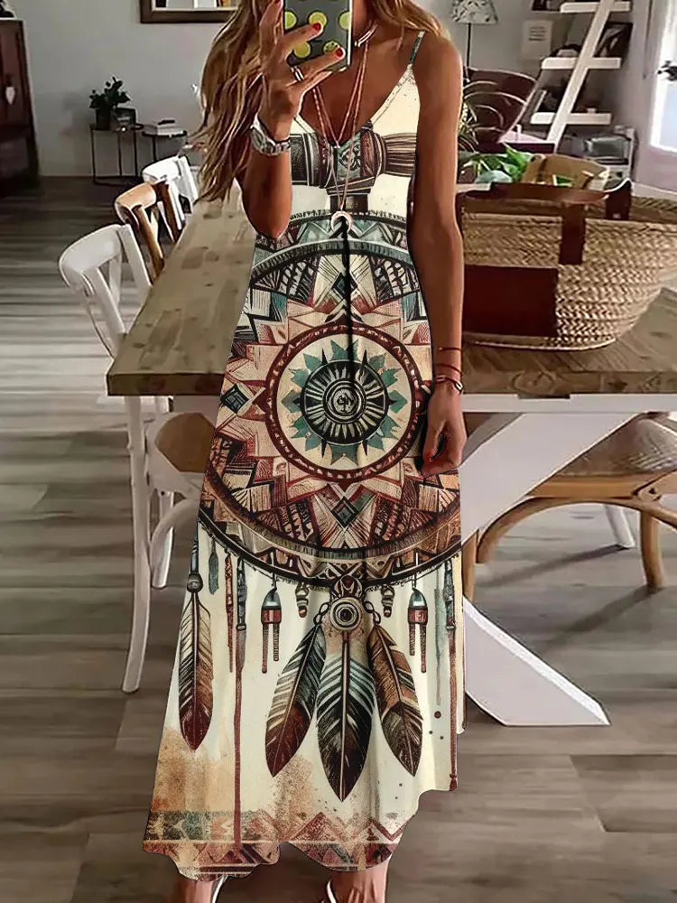 EP | 2024 Nouveau 3D Hibou Impression Vintage Gilet sans manches Longue Femme Motif Tribal Robe Spaghetti Bretelles Eté Longue Robe Gilet Libre