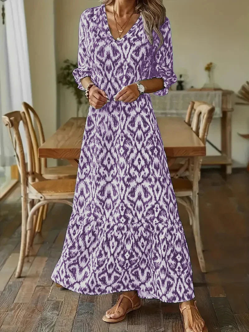 EP | 2024 européenne et américaine transfrontalière AliExpress automne et hiver fashionista douce lâche v-cou d'impression mi-manches robe longue