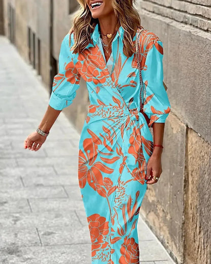 EP | 2024 AliExpress européenne et américaine transfrontalière nouvelle mode imprimée col de chemise laçage Midi robe rayée