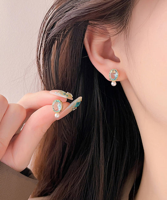 Simple Gold Sterling Silver Overgild Pearl Zircon Stud Earrings