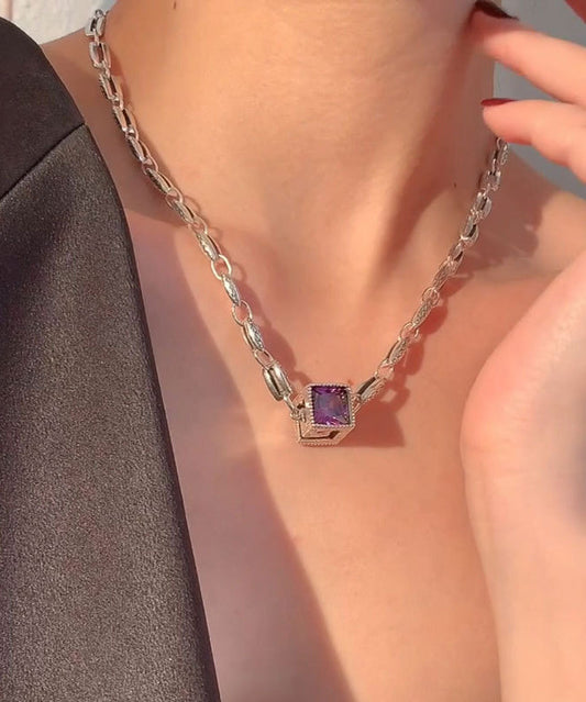 Simple Purple Sterling Silver Crystal Pendant Necklace Kx1005