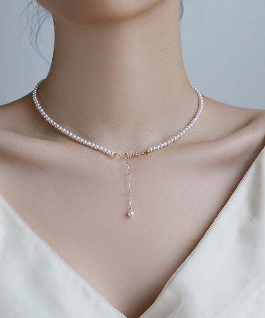 Simple White 14k Gold Pearl Pendant Necklace Wf009