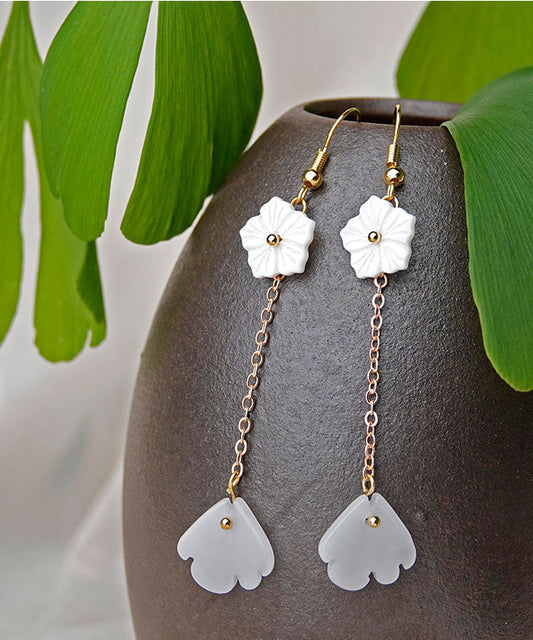 Simple White Coloured Glaze Tassel 14k Gold Drop Earrings