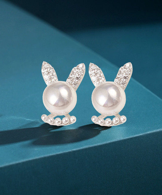 Simple White Rabbit Zircon and Pearl Stud Earrings