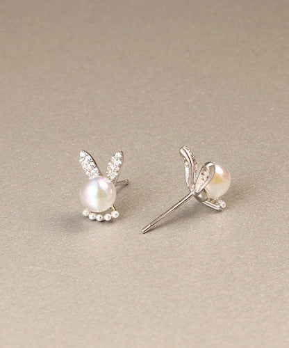 Simple White Rabbit Zircon and Pearl Stud Earrings