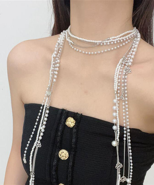 Simple White Metal Pearl Tassel Multilayer Gratuated Bead Necklace Wo006