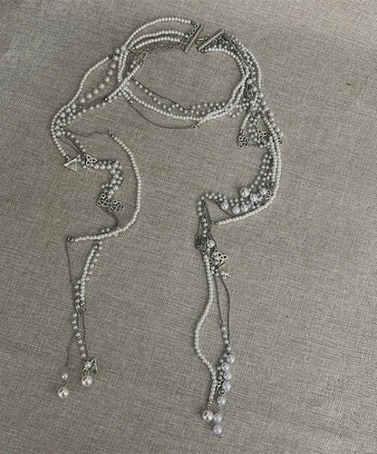 Simple White Metal Pearl Tassel Multilayer Gratuated Bead Necklace Wo006