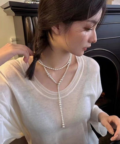 Simple White Stainless Steel Pearl Beading Gratuated Bead Necklace Wq022