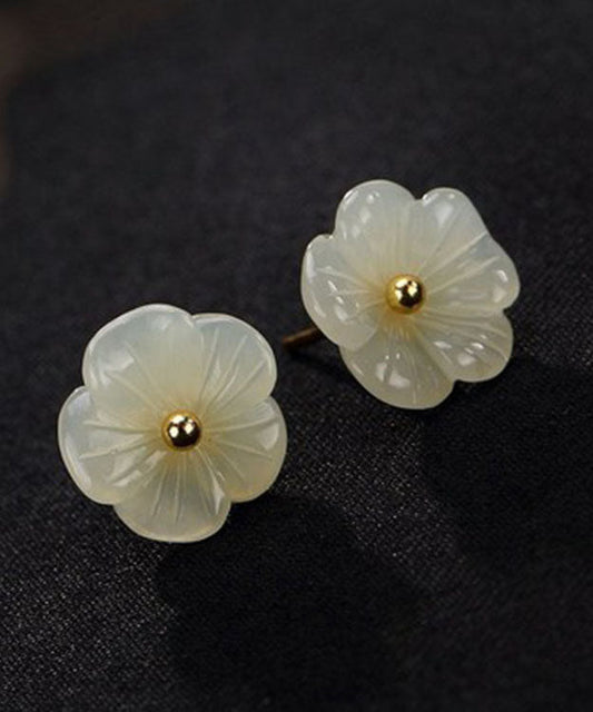 Simple White Sterling Silver Inlaid Jade Stud Earrings
