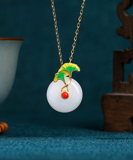 Simple White Sterling Silver Overgild Jade Ginkgo Leaf Ping Buckle Pendant Necklace Kx1076