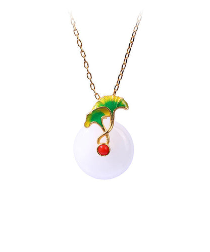 Simple White Sterling Silver Overgild Jade Ginkgo Leaf Ping Buckle Pendant Necklace Kx1076