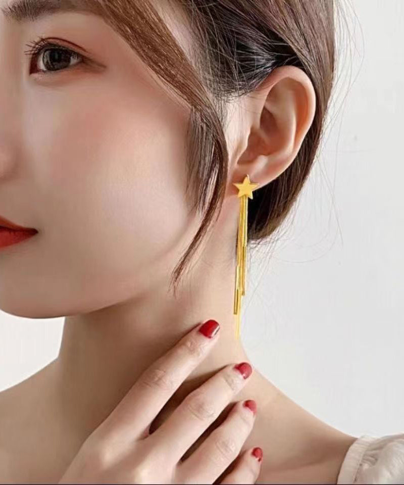 Skinny Gold Sterling Silver Overgild Star Tassel Drop Earrings Df1020
