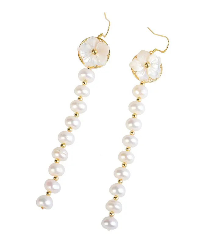 Sterling Silver Overgild Pearl Shell Flower Tassel Drop Earrings