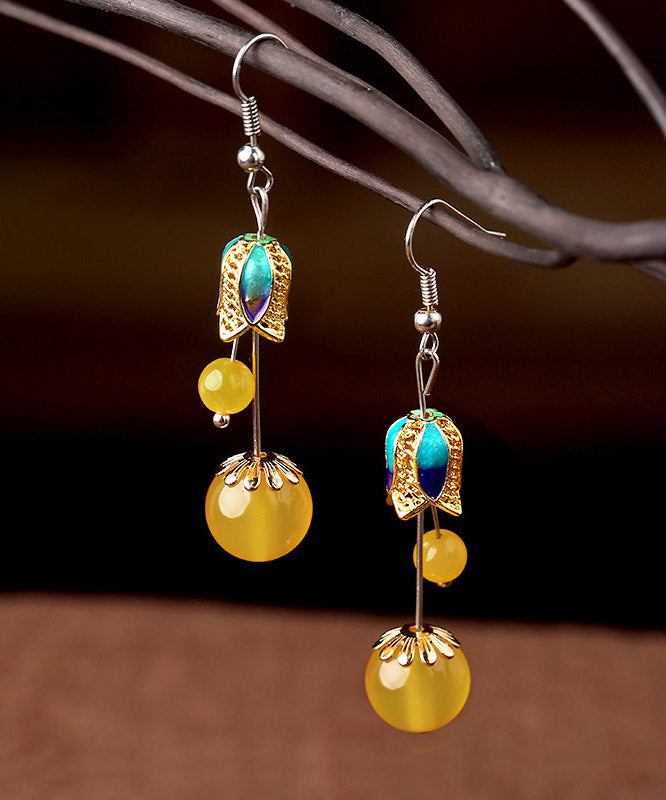 Skinny Yellow Jade Cloisonne Drop Earrings