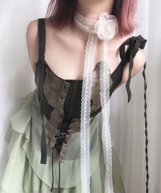Style Beige Lace Hollow Out Silk Scarf Necklace Yu007