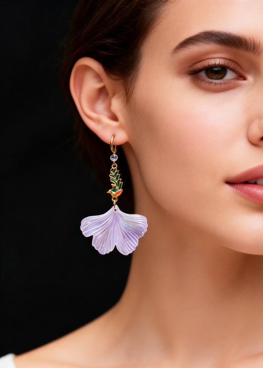 Style Light Purple Ginkgo Leaf Peacock Gilding Drop Earrings