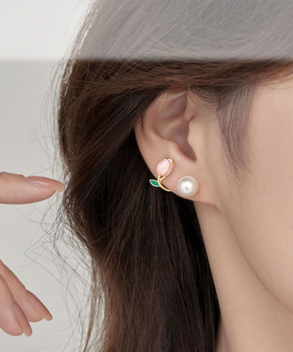 Style Pink Silver Overgild Pearl Oil Drip Hoop Earrings