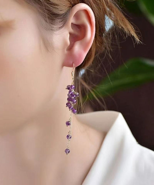 Style Purple Crystal Tassel 14k Gold Drop Earrings