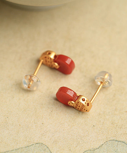 Style Red Sterling Silver Overgild Agate Stud Earrings Df1015