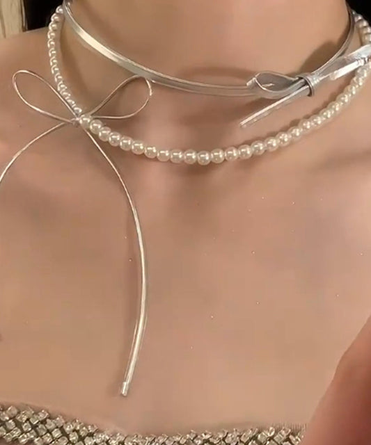 Style Silk Copper Portex Pearl Bow Pendant Necklace Yr014