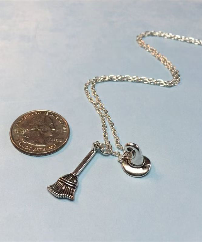 Style Silk Stainless Steel Chain Broom and Hat Pendant Necklace