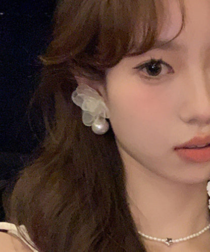 Stylish Beige Pearl Chiffon Hoop Earrings Ly1795