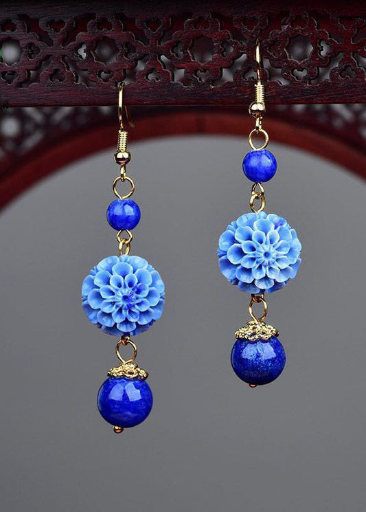 Stylish Blue Jade Tassel Silver Drop Earrings
