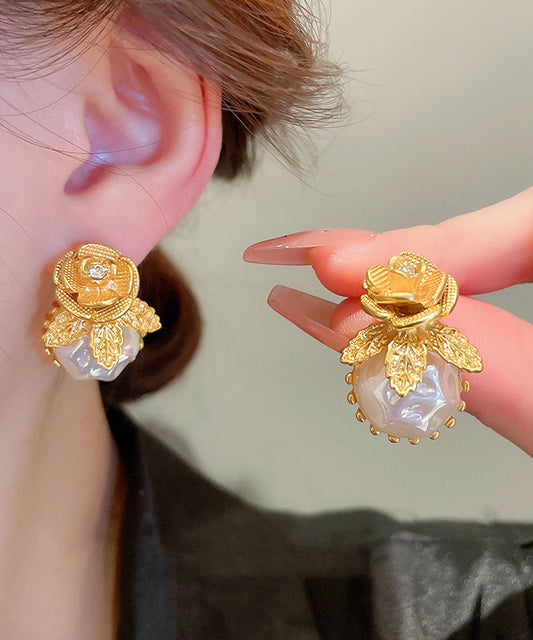 Stylish Gold Alloy Zircon Pearl Stud Earrings