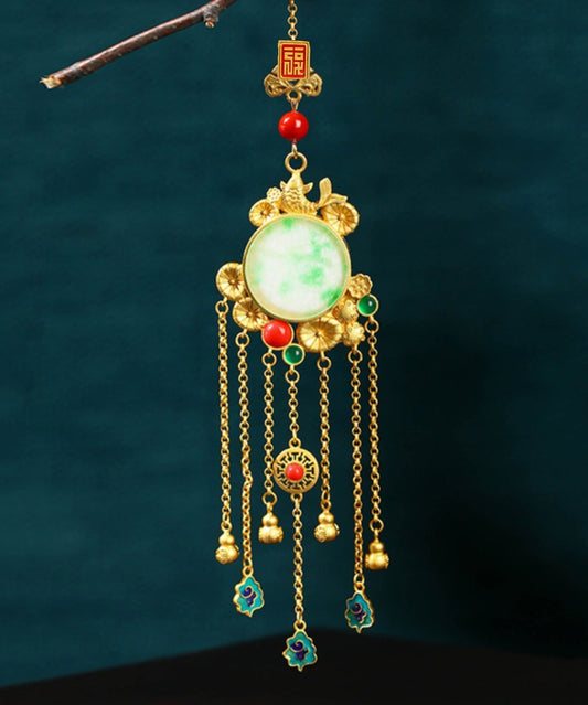 Stylish Gold Ancient Gold Auspicious Clouds Enamel Agate Tassel Brooches Kx1075