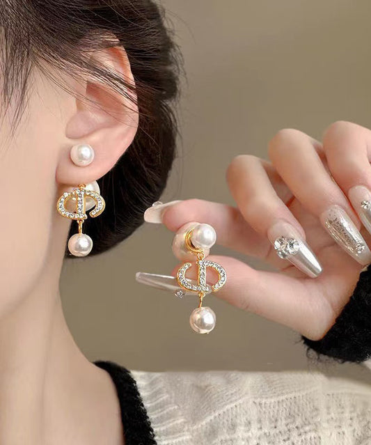 Stylish Gold Copper Alloy Zircon Graphic Pearl Drop Earrings
