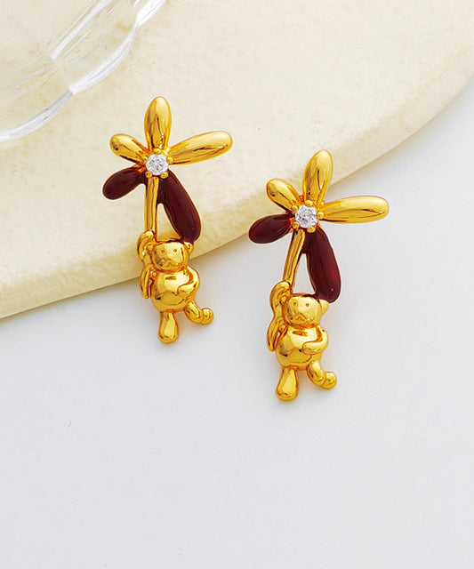 Stylish Gold Copper Overgild Oil Drip Zircon Little Bear Stud Earrings