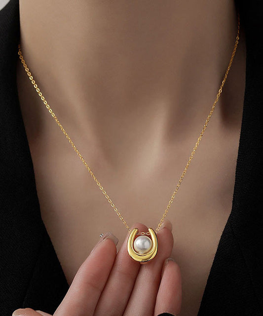 Stylish Gold Sterling Silver Overgild U-shape Pearl Lariat Necklace Wo010