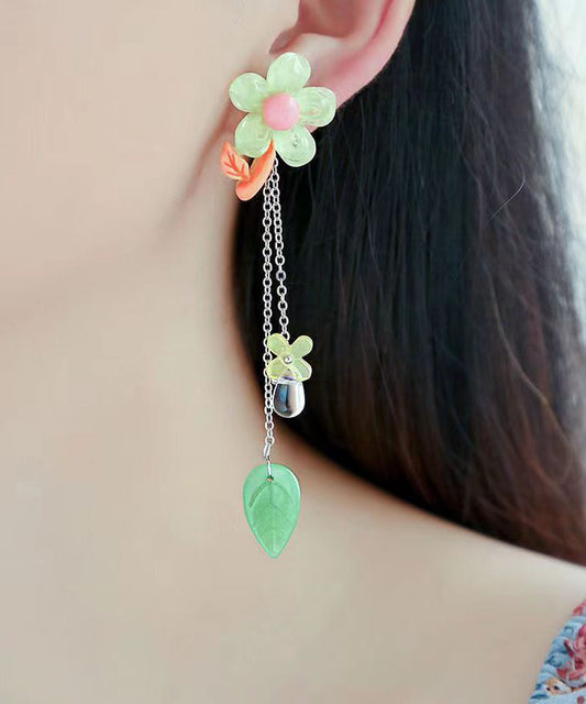 Stylish Light Green Sterling Silver Crystal Tassel Drop Earrings