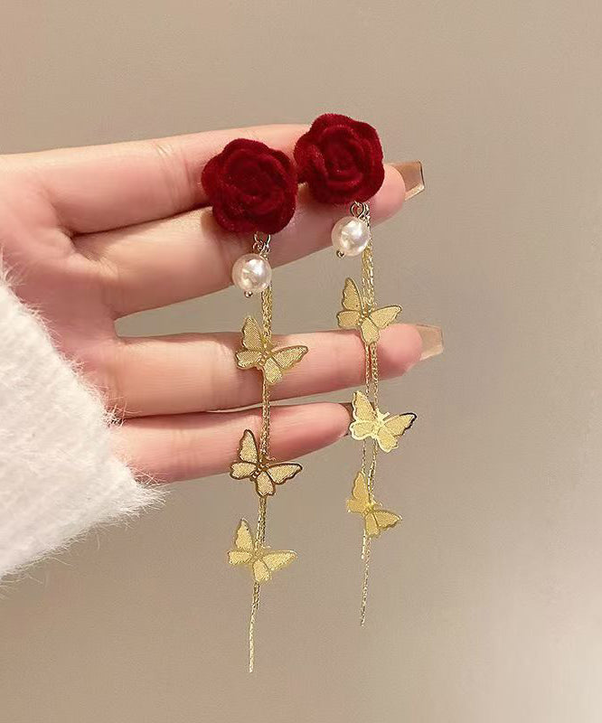 Stylish Mulberry Sterling Silver Alloy Flocking Pearl Butterfly Drop Earrings