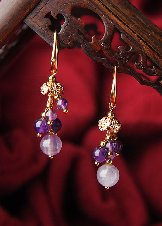 Stylish Purple Crystal 14k Gold Drop Earrings