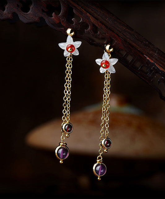 Stylish Purple Crystal Shell Tassel Drop Earrings