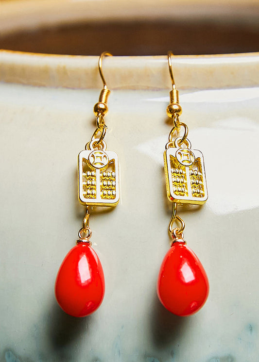 Stylish Red Coral 14k Gold Abacus Drop Earrings
