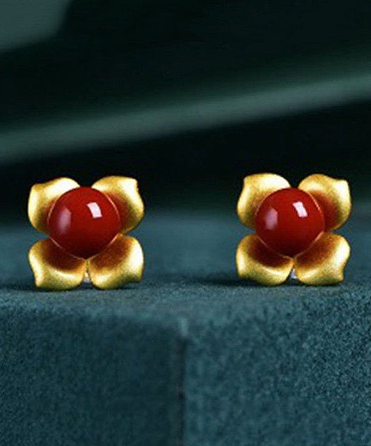 Stylish Red Sterling Silver Overgild Inlaid Agate Stud Earrings