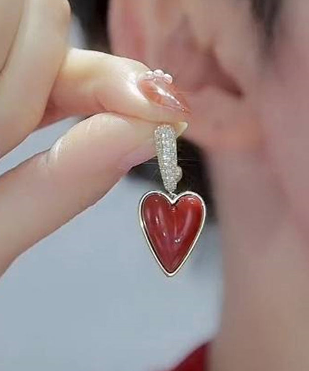 Stylish Red Sterling Silver Overgild Zircon Love Drip Glaze Drop Earrings Kx1046