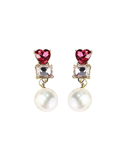 Stylish Red Sterling Silver Zircon Love Crystal Pearl Drop Earrings