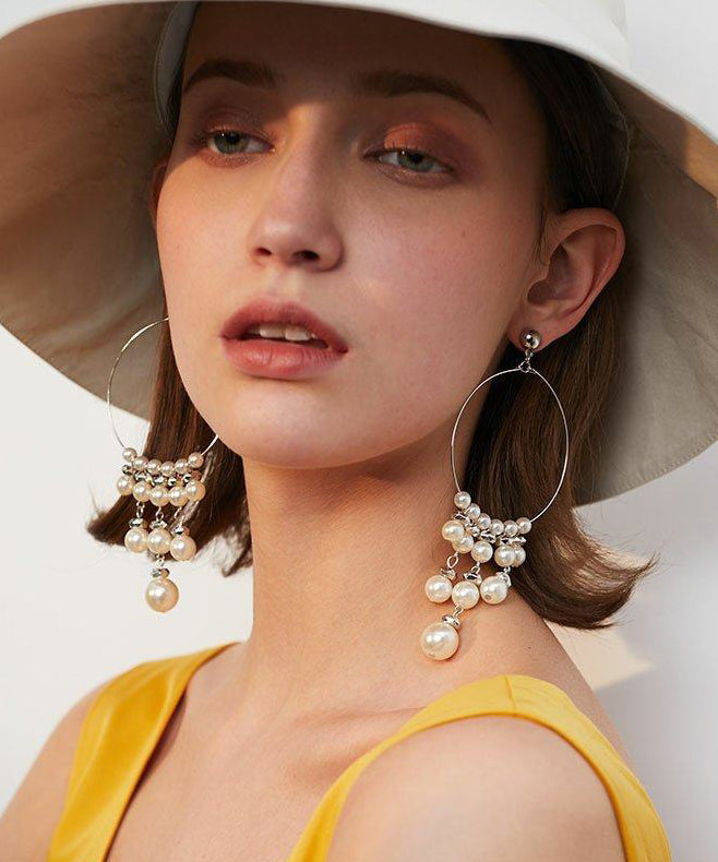 Stylish Silk Circle Pearl Tassels Silver Plated Long Drop Earrings