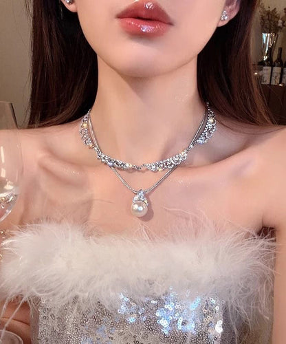 Stylish Silk Sterling Silver Zircon Double Layer Pearl Pendant Necklace Yd005