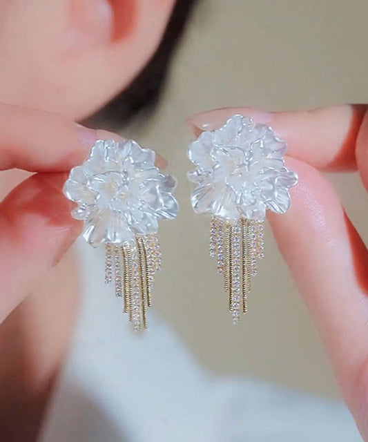 Stylish White Alloy Zircon Tassel Stud Earrings