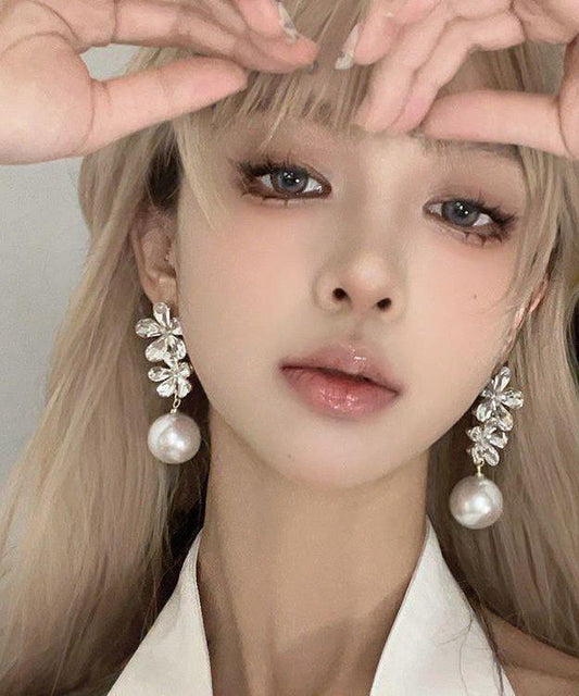 Stylish White Copper Overgild Zircon Pearl Drop Earrings