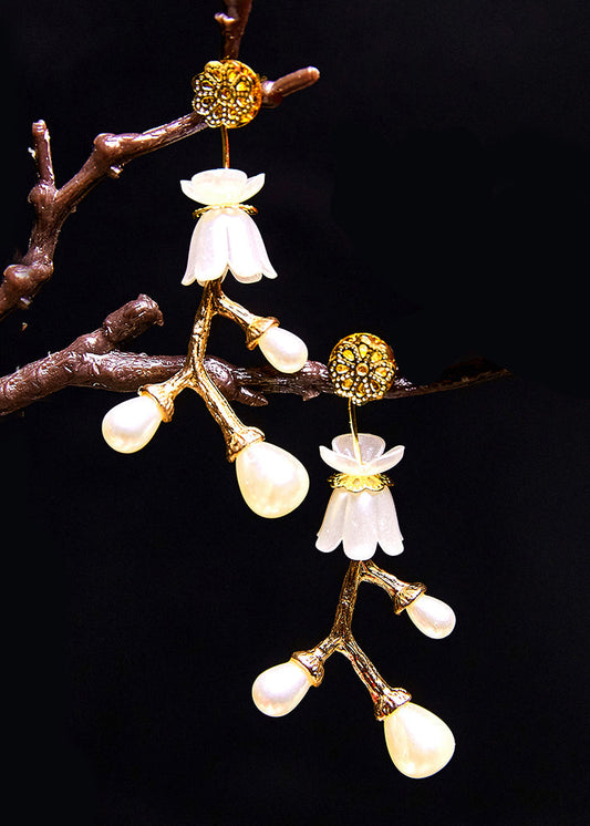 Stylish White Pearl 14k Gold Branch Drop Earrings