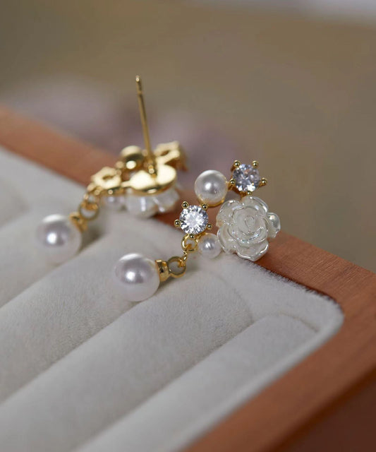Stylish White Rose Flower Micro-set Pearl Earrings